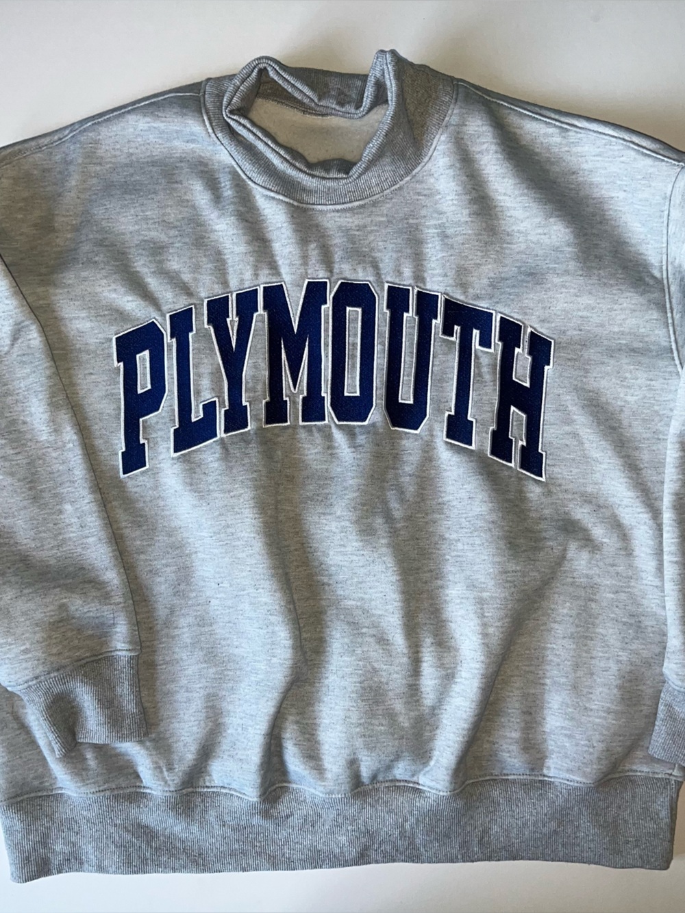 Plymouth Massachusetts Women’s Gray Mockneck Sweatshirt with Navy Lettering